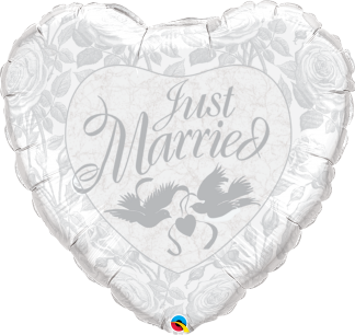 36" pearl,white and silver just married foil heart balloon